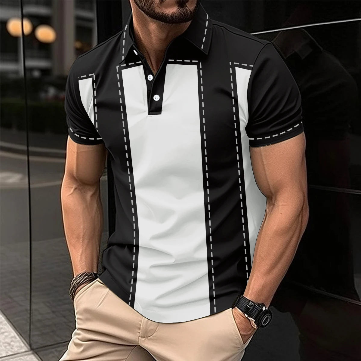 2024 Summer Men's Fashion Lapel Short-Sleeved Striped men's Polo Shirt