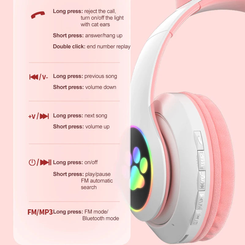 Flash Lamp Cute Cat Ears Headphone Bluetooth5.