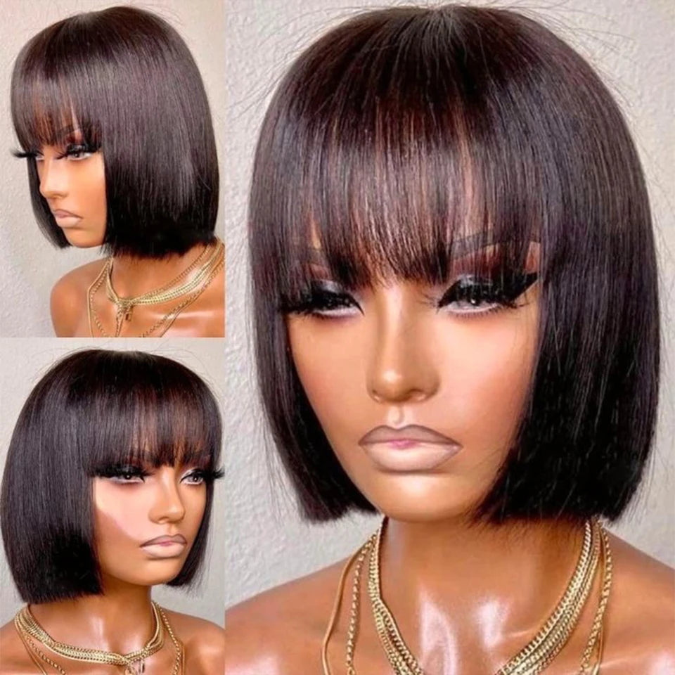 Brazilian Human Hair Wig with Bangs for Women 8-16 Inches