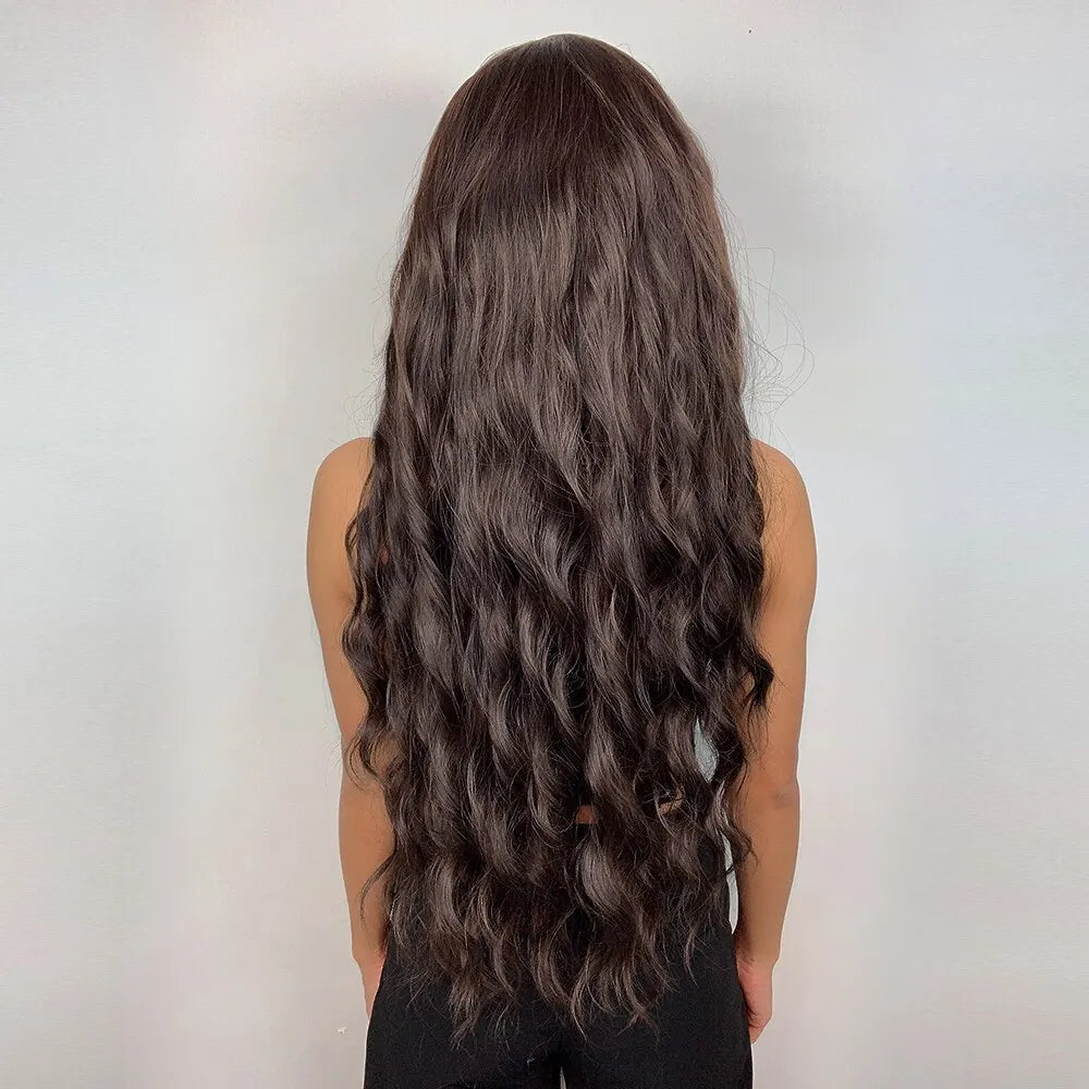 HAIRCUBE Long Brown Curly Wavy Wig for Women Middle Part Heat Resistant Fake Hair