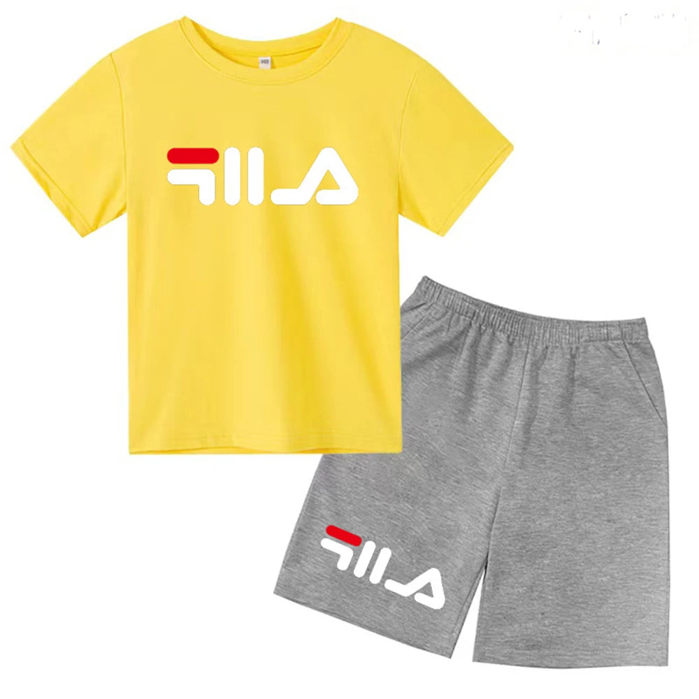 Summer Round Neck T-shirt for Boys Girl+shorts Set Children's Printed Cotton Breathable Leisure Brand Short Sleeve Clothing