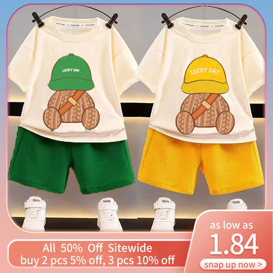 Korean Children Summer Sets Girl Boy Short Sleeve Soild