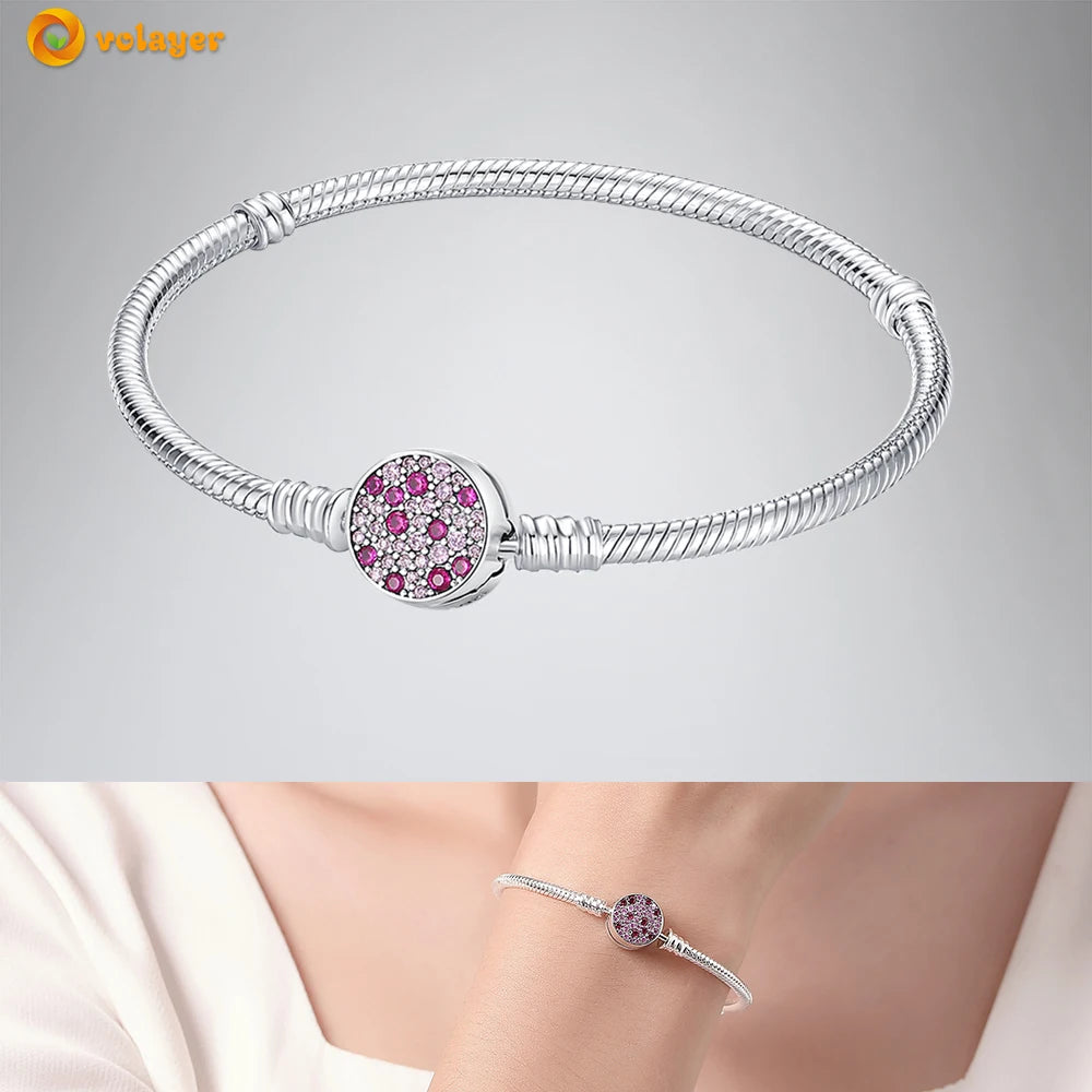 Volayer 925 Sterling Silver Bracelets Pavé Heart Shell Feathers Dreamcatcher Crown Clasp Snake Chain Bracelets Love Wing Bangles