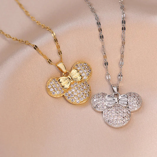 Disney Cartoon Bowknot Minnie Mouse Head Pendant Necklace for Women Girls Stainless Steel Chain Birthday Gifts for Friends