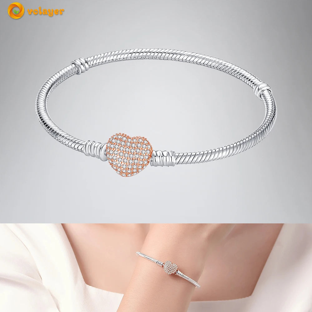 Volayer 925 Sterling Silver Bracelets Pavé Heart Shell Feathers Dreamcatcher Crown Clasp Snake Chain Bracelets Love Wing Bangles