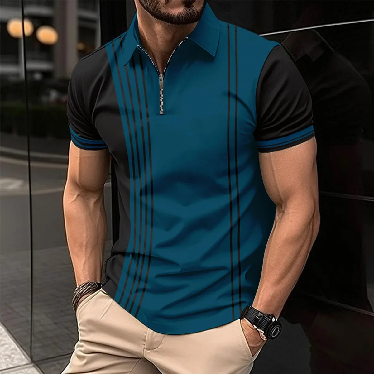 2024 Summer Men's Fashion Lapel Short-Sleeved Striped men's Polo Shirt