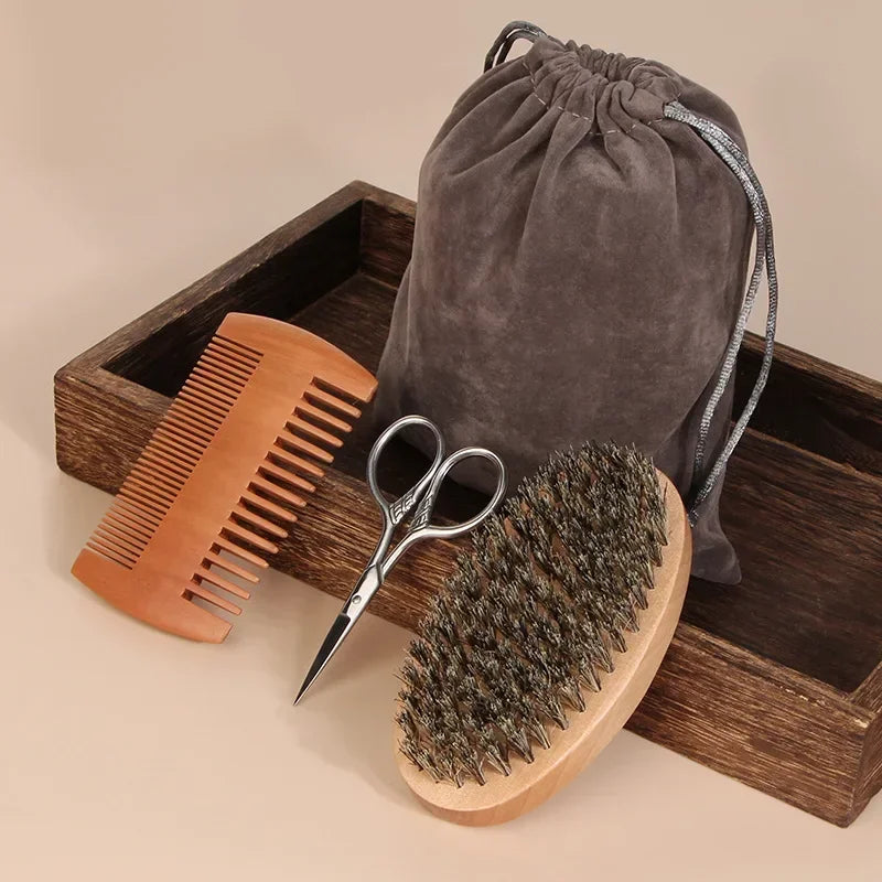 Two-sided Boar Bristle Men's Shaving Brush Portable Barber Natural Beech Beard Brushes Comb for Facial Cleaning Mustache Tools