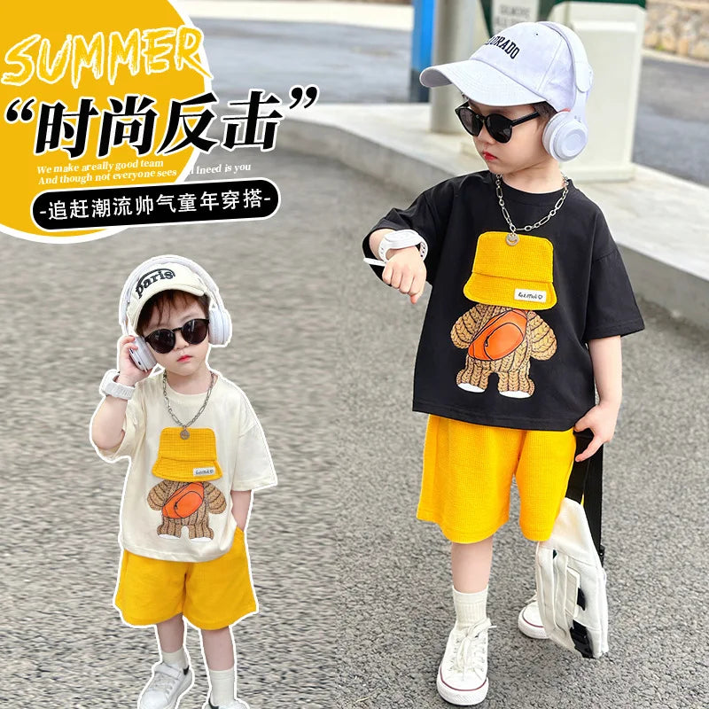 Korean Children Summer Sets Girl Boy Short Sleeve Soild