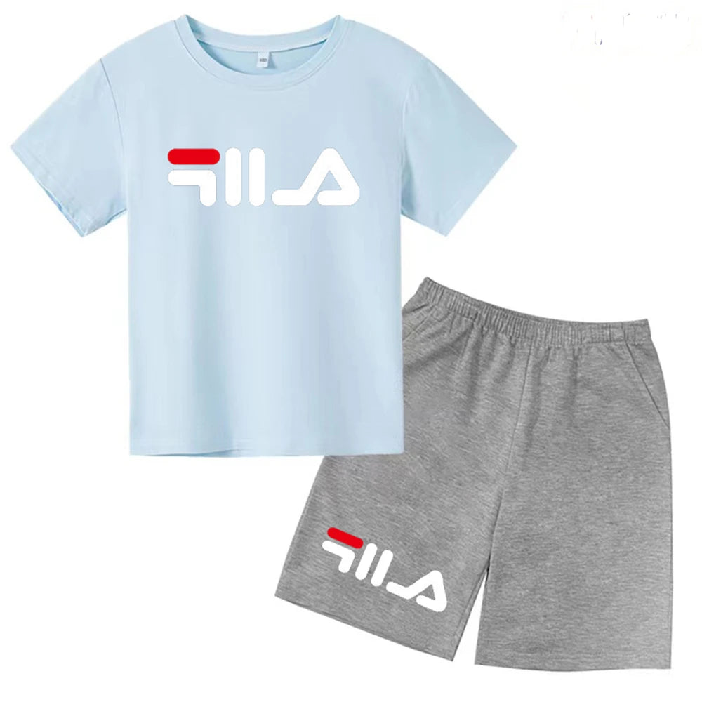 Summer Round Neck T-shirt for Boys Girl+shorts Set Children's Printed Cotton Breathable Leisure Brand Short Sleeve Clothing