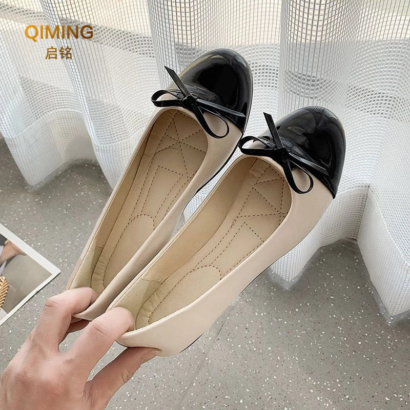 Women Ballet Flats Two Tone Bow Flats Round Toe Shoes For Women Slip On Casual Work Dress Flats Pumps Shallow Mouth Casual Shoes