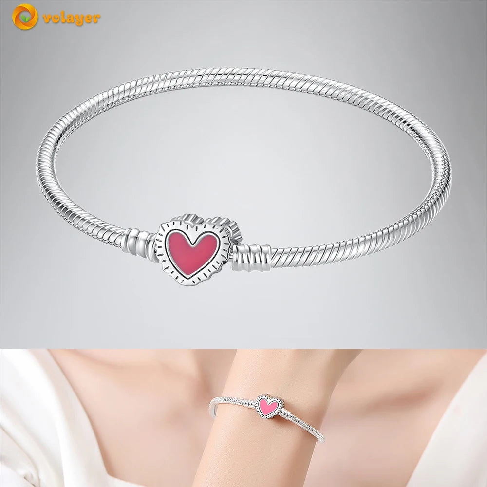 Volayer 925 Sterling Silver Bracelets Pavé Heart Shell Feathers Dreamcatcher Crown Clasp Snake Chain Bracelets Love Wing Bangles