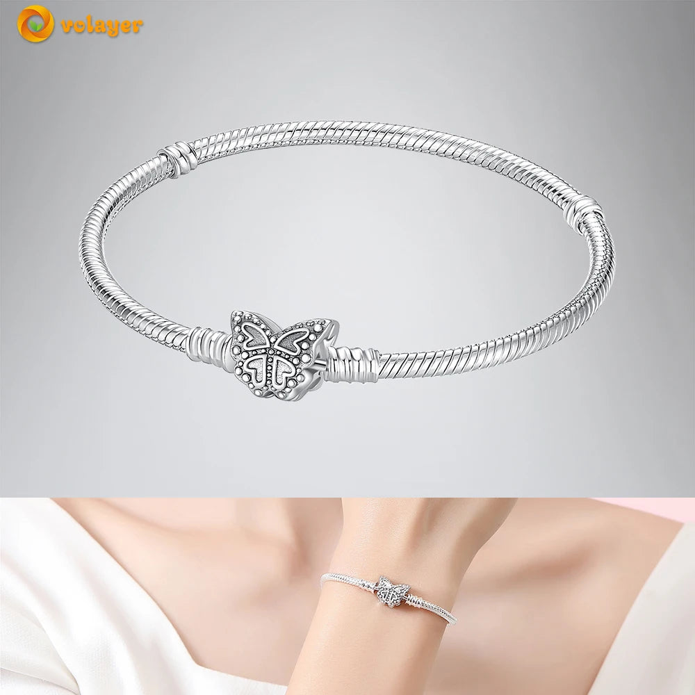 Volayer 925 Sterling Silver Bracelets Pavé Heart Shell Feathers Dreamcatcher Crown Clasp Snake Chain Bracelets Love Wing Bangles