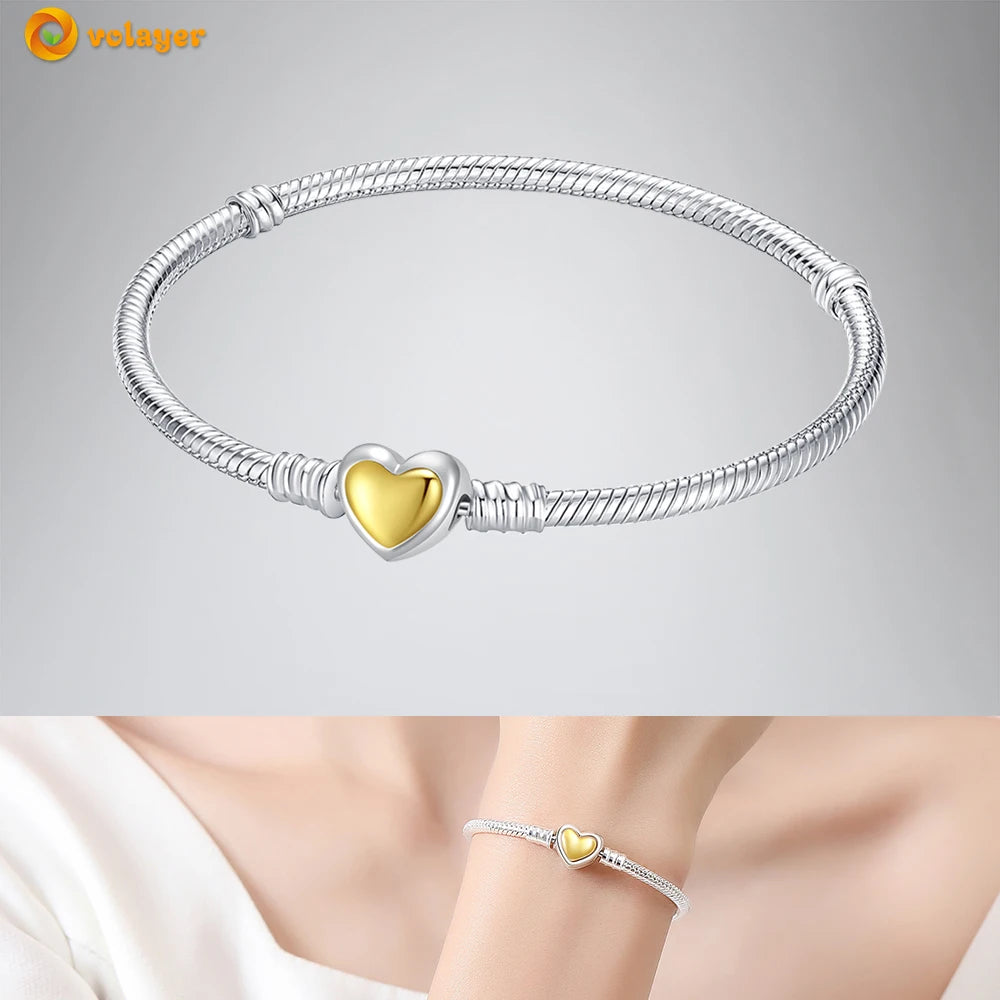 Volayer 925 Sterling Silver Bracelets Pavé Heart Shell Feathers Dreamcatcher Crown Clasp Snake Chain Bracelets Love Wing Bangles