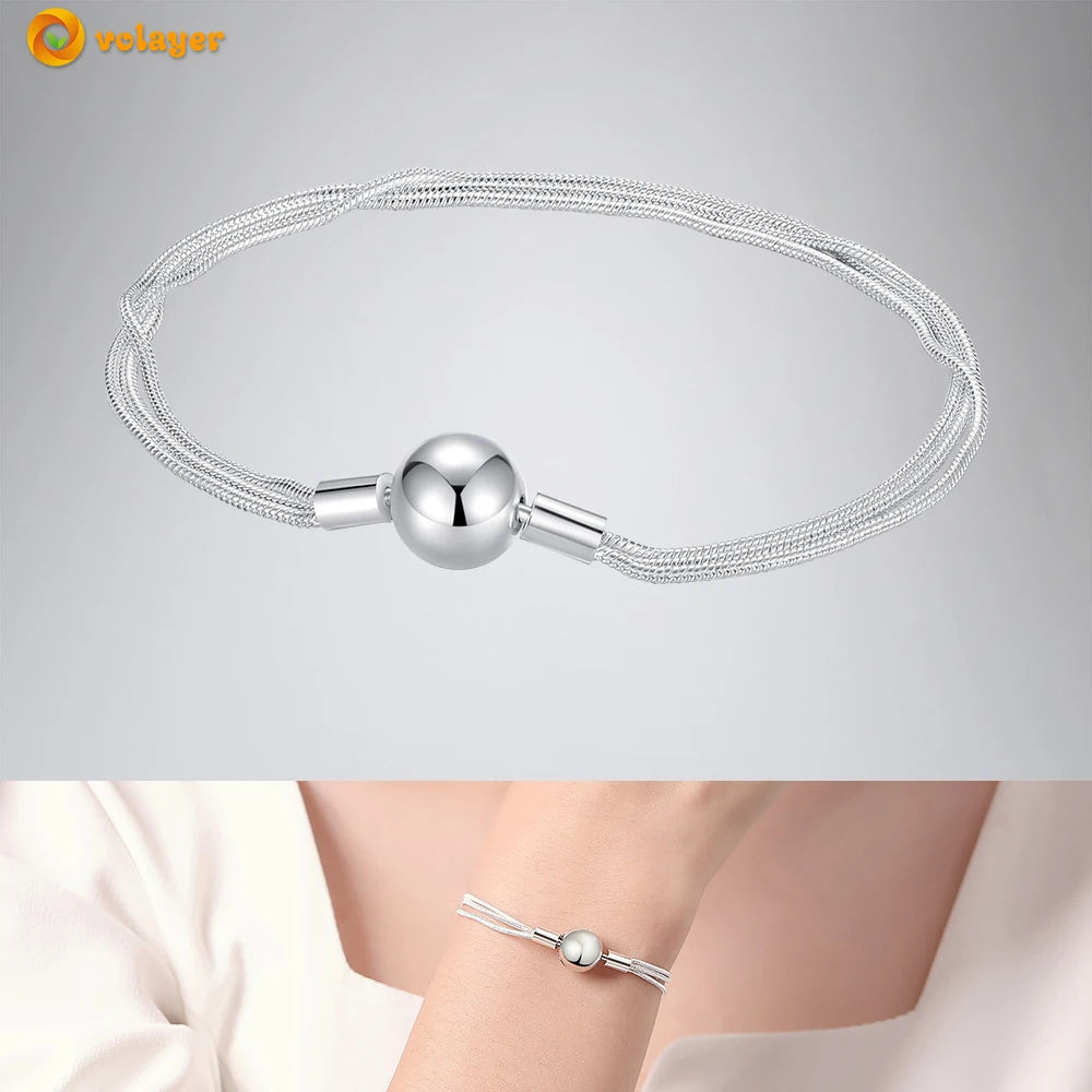 Volayer 925 Sterling Silver Bracelets Pavé Heart Shell Feathers Dreamcatcher Crown Clasp Snake Chain Bracelets Love Wing Bangles