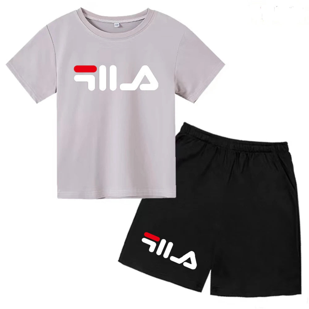 Summer Round Neck T-shirt for Boys Girl+shorts Set Children's Printed Cotton Breathable Leisure Brand Short Sleeve Clothing