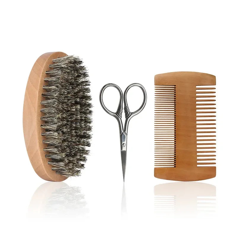 Two-sided Boar Bristle Men's Shaving Brush Portable Barber Natural Beech Beard Brushes Comb for Facial Cleaning Mustache Tools