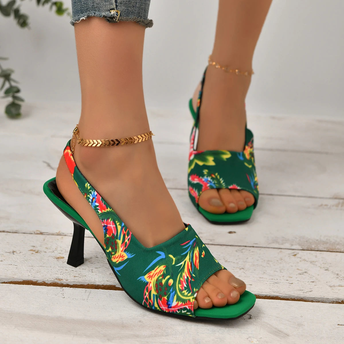 Women Shoes 2024 Spring New Northeast Flower Women Slingbacks Heels Sandals Sexy Dress Thin Heel Pointed Toe Ladies High Heels