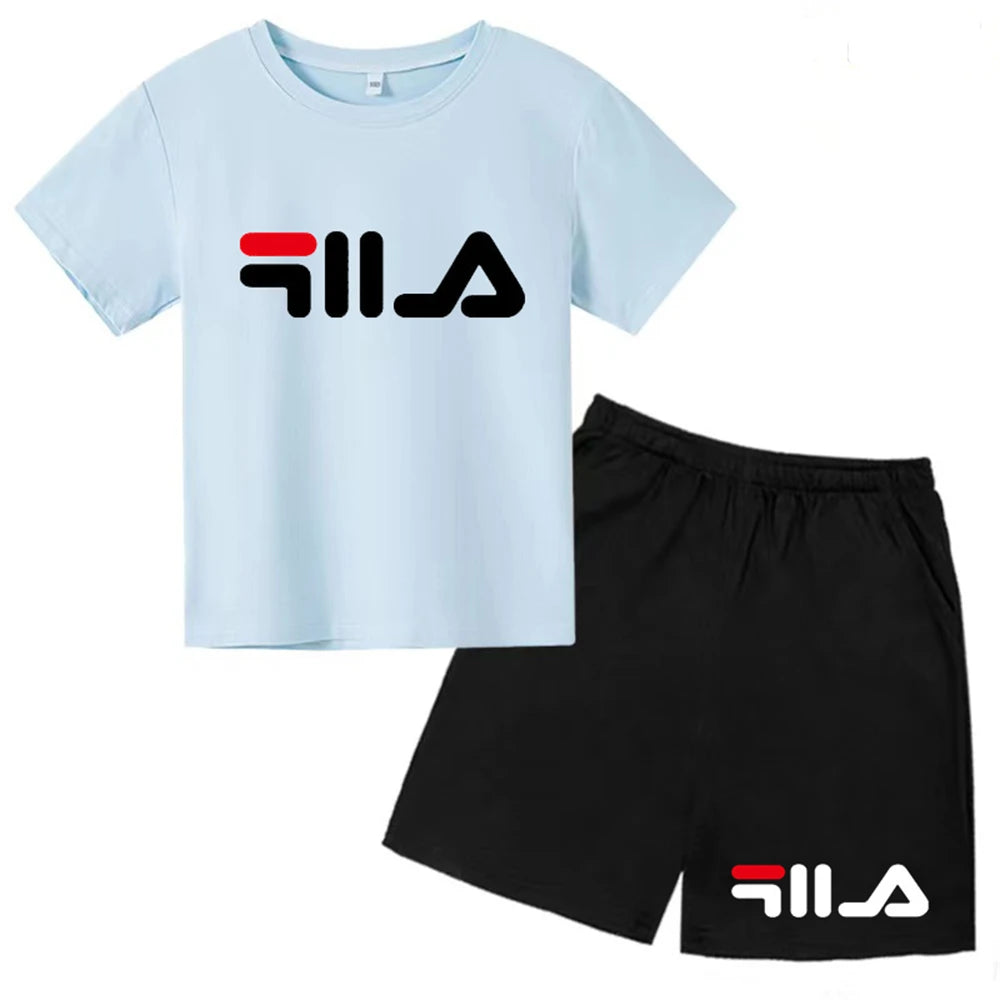 Summer Round Neck T-shirt for Boys Girl+shorts Set Children's Printed Cotton Breathable Leisure Brand Short Sleeve Clothing