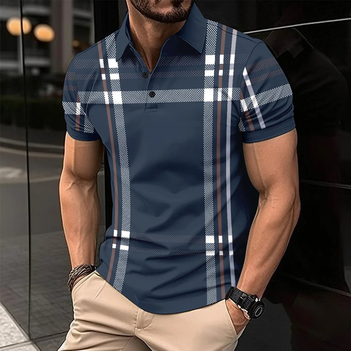 2024 Summer Men's Fashion Lapel Short-Sleeved Striped men's Polo Shirt