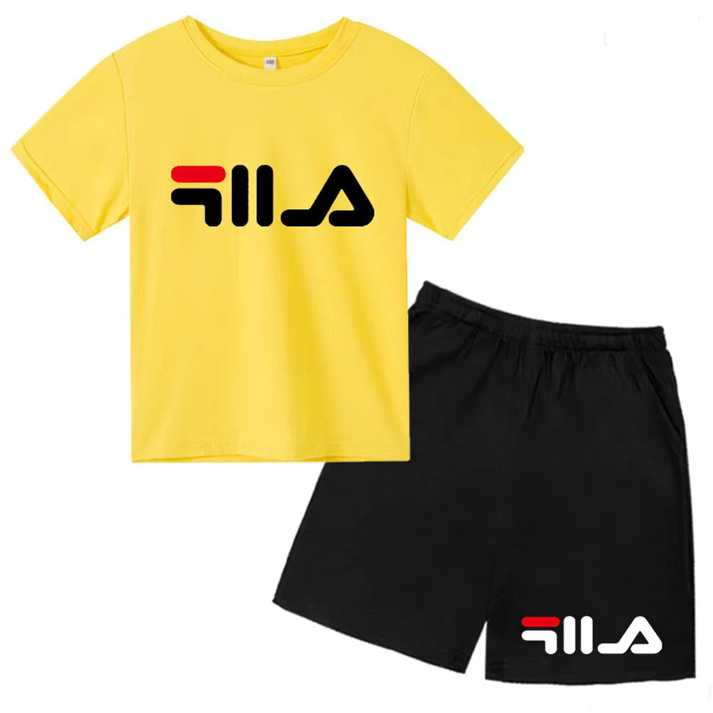 Summer Round Neck T-shirt for Boys Girl+shorts Set Children's Printed Cotton Breathable Leisure Brand Short Sleeve Clothing