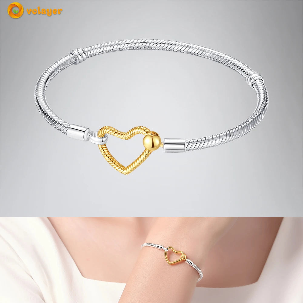 Volayer 925 Sterling Silver Bracelets Pavé Heart Shell Feathers Dreamcatcher Crown Clasp Snake Chain Bracelets Love Wing Bangles