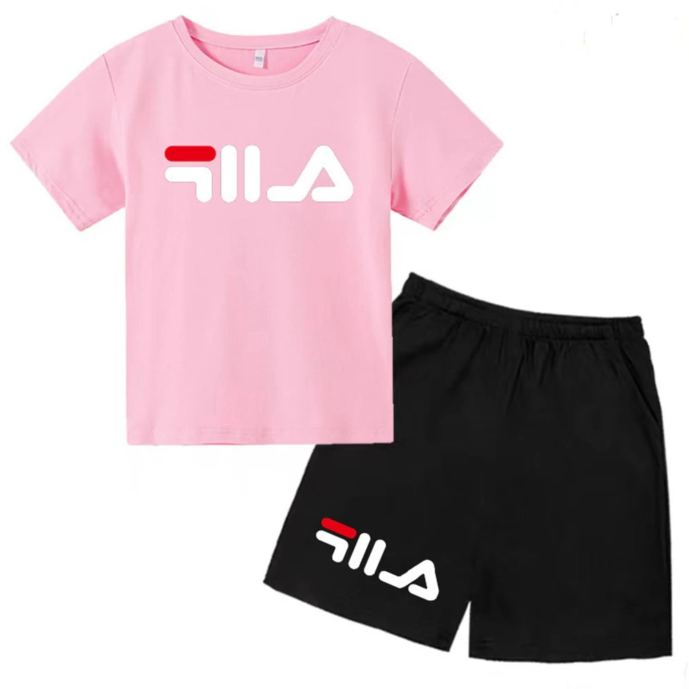 Summer Round Neck T-shirt for Boys Girl+shorts Set Children's Printed Cotton Breathable Leisure Brand Short Sleeve Clothing