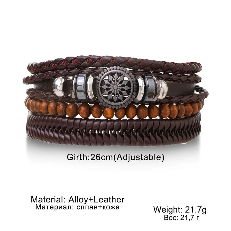 4Pcs/ Set Braided Wrap Leather ads Ethnic Tribal Wristband Rope Bracelet