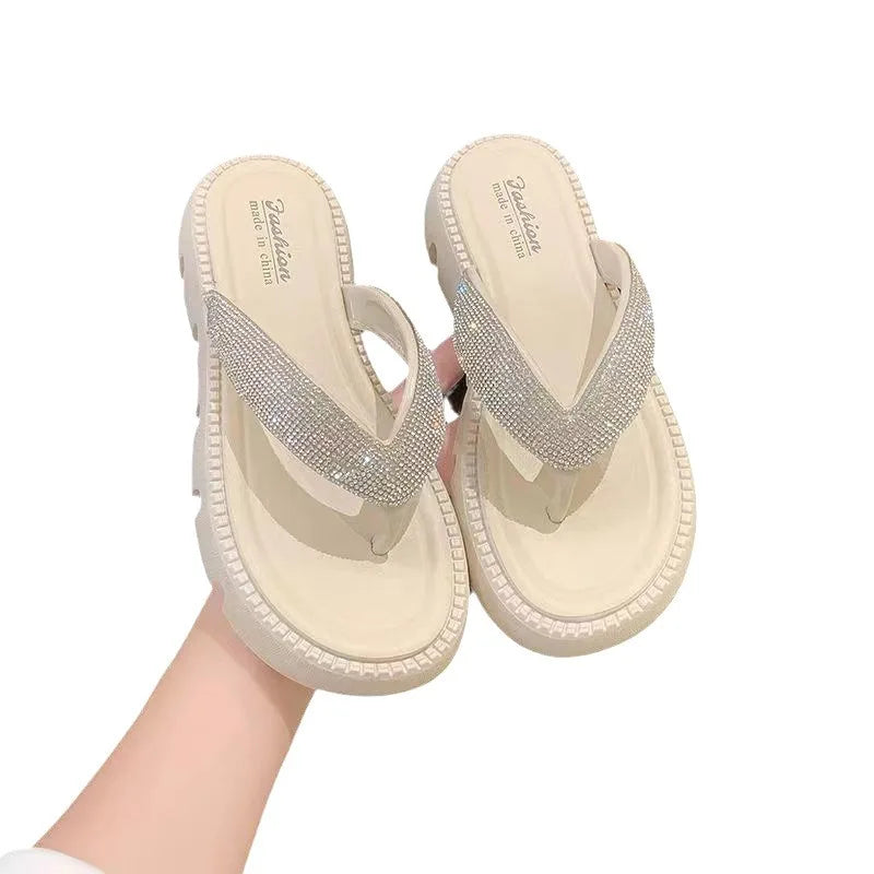Woman 2024 Trend Rhinestone Flip-flop Slippers Thick Soles Outdoor Wear Fashionable Beach Shoes Indoor Anti Slip Sandals Shoes