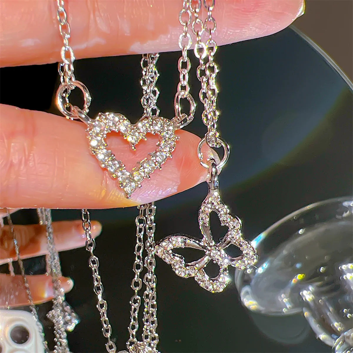 17KM Fashion Butterfly Heart Zircon Necklace for Women
