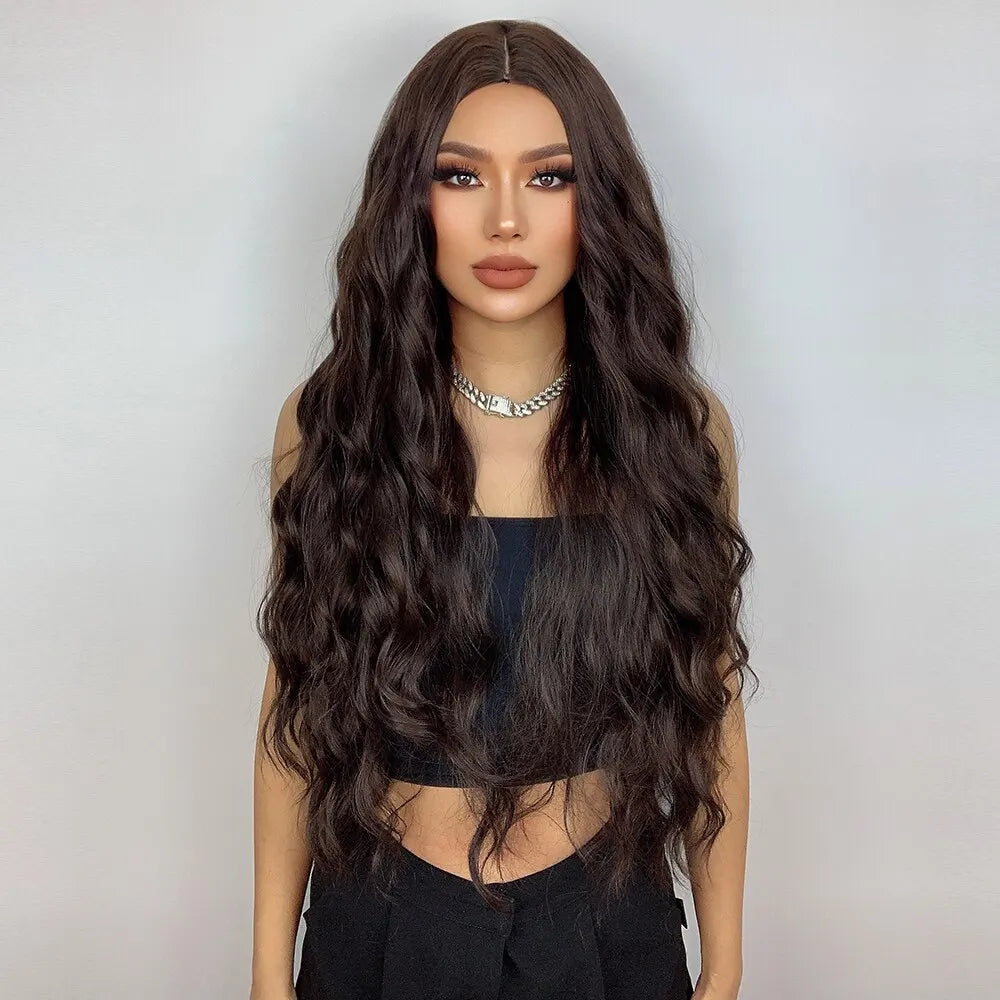 HAIRCUBE Long Brown Curly Wavy Wig for Women Middle Part Heat Resistant Fake Hair