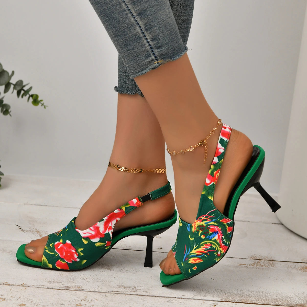 Women Shoes 2024 Spring New Northeast Flower Women Slingbacks Heels Sandals Sexy Dress Thin Heel Pointed Toe Ladies High Heels