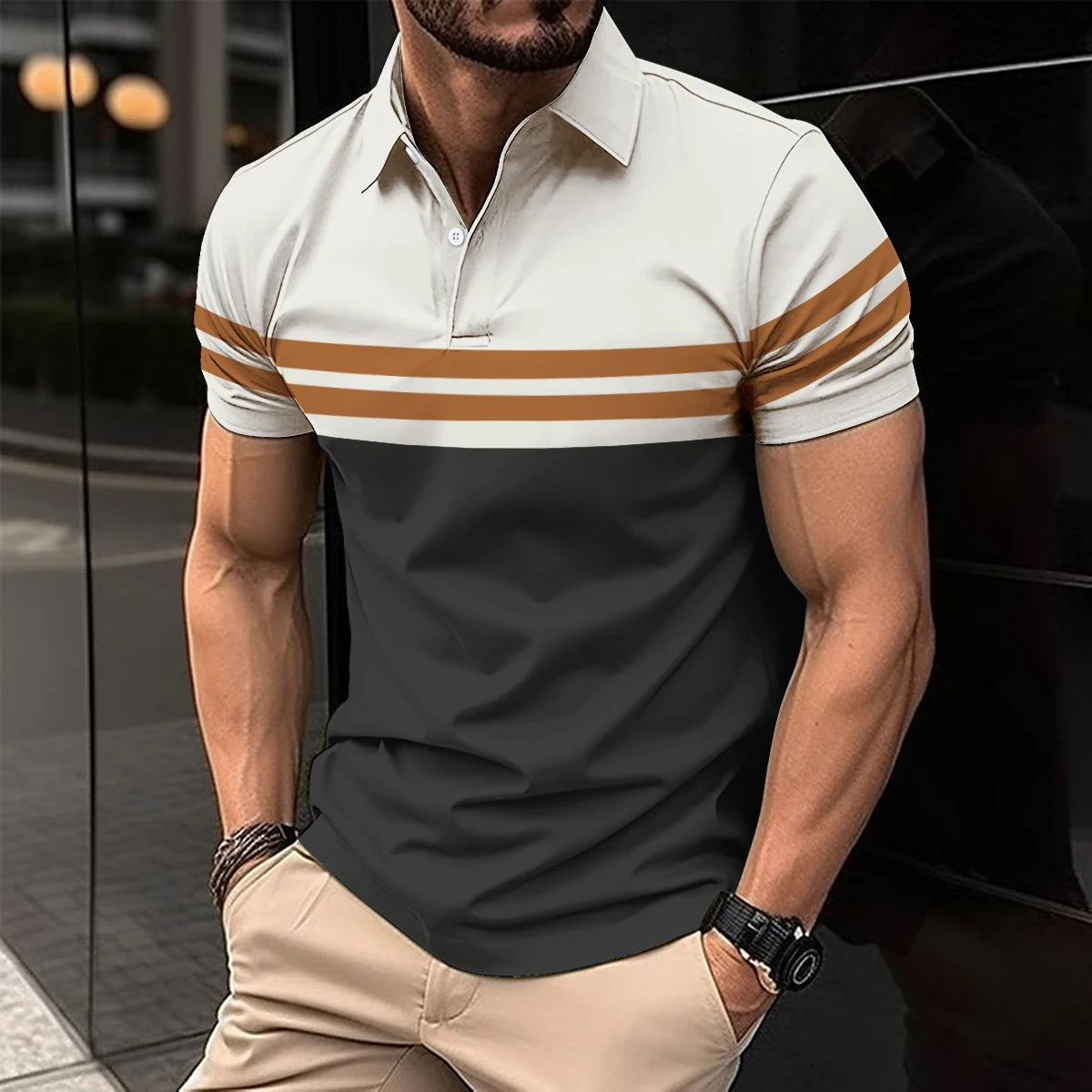 2024 Summer Men's Fashion Lapel Short-Sleeved Striped men's Polo Shirt