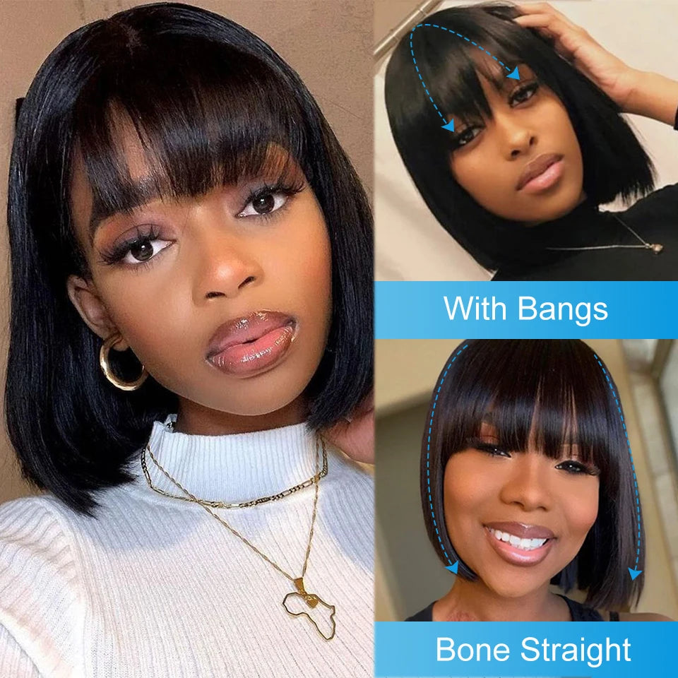 Brazilian Human Hair Wig with Bangs for Women 8-16 Inches