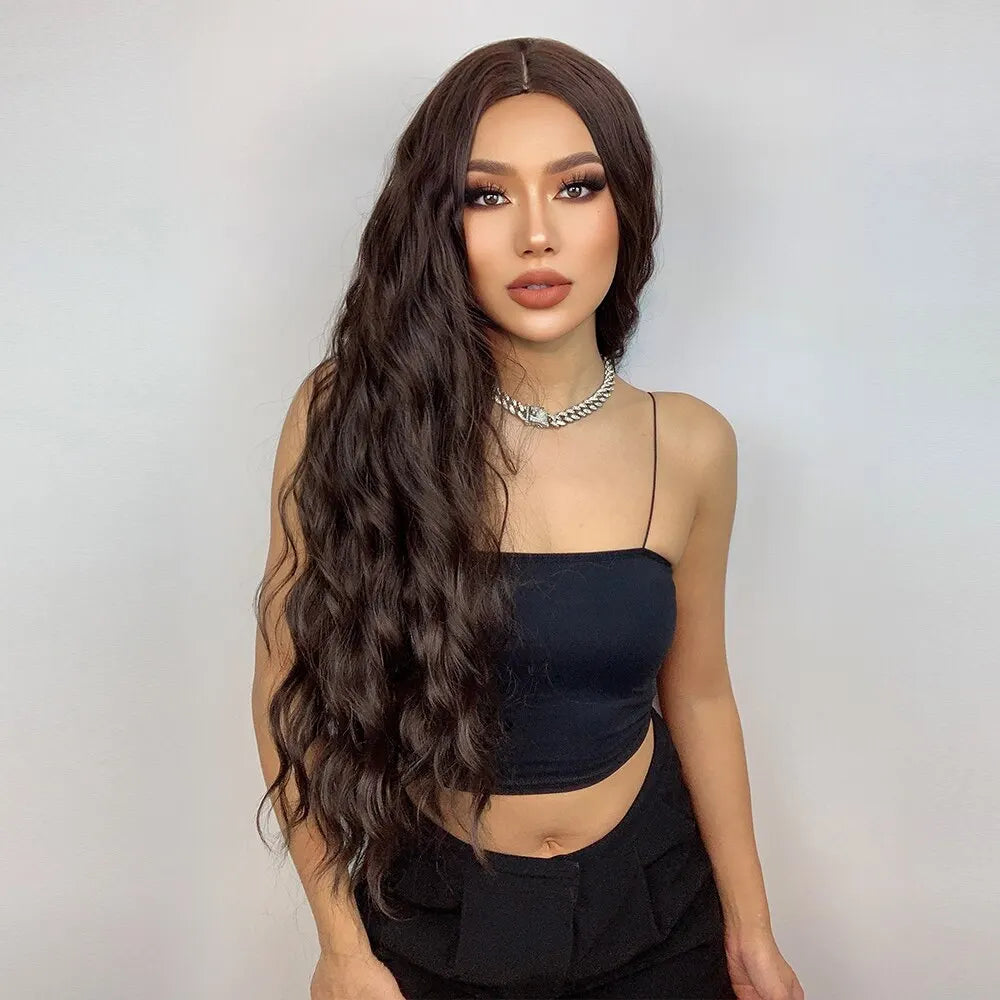 HAIRCUBE Long Brown Curly Wavy Wig for Women Middle Part Heat Resistant Fake Hair