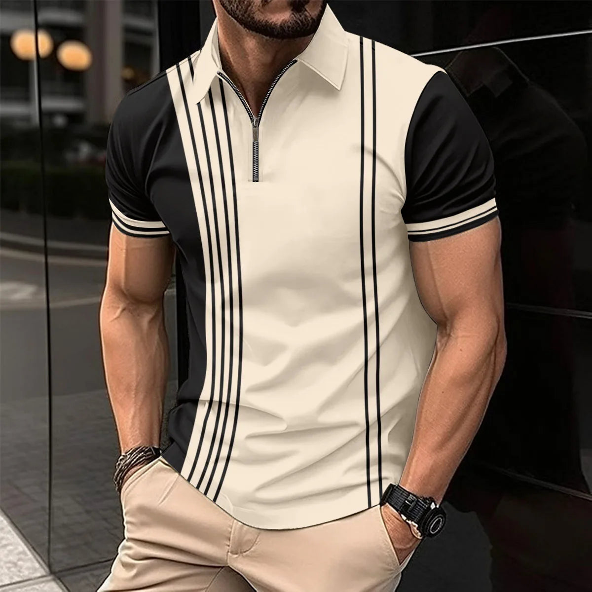 2024 Summer Men's Fashion Lapel Short-Sleeved Striped men's Polo Shirt