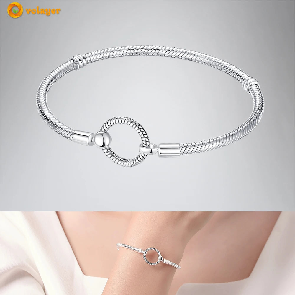 Volayer 925 Sterling Silver Bracelets Pavé Heart Shell Feathers Dreamcatcher Crown Clasp Snake Chain Bracelets Love Wing Bangles