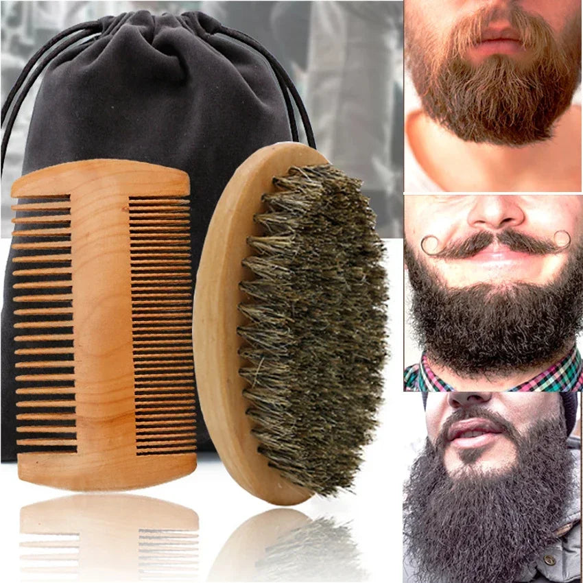 Two-sided Boar Bristle Men's Shaving Brush Portable Barber Natural Beech Beard Brushes Comb for Facial Cleaning Mustache Tools