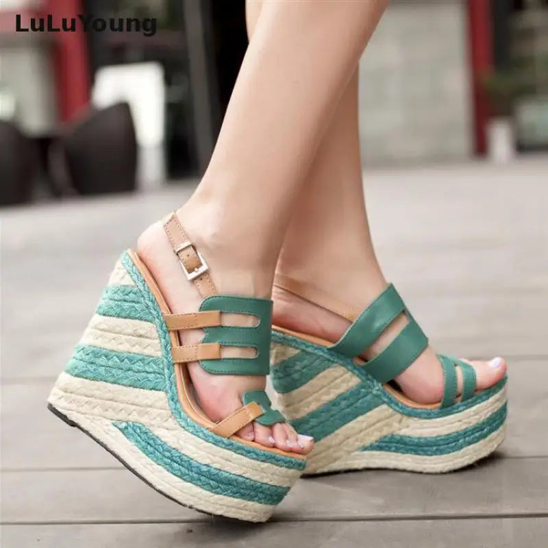 Women wedges 13.5cm high heels sandals striped Straw shoes Casual platform shoes open toe
