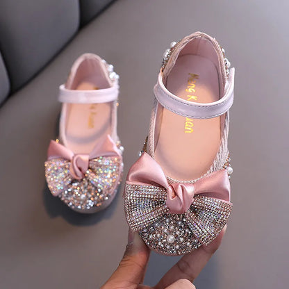 New Children Leather Shoes Rhinestone Bow Princess nt Flat