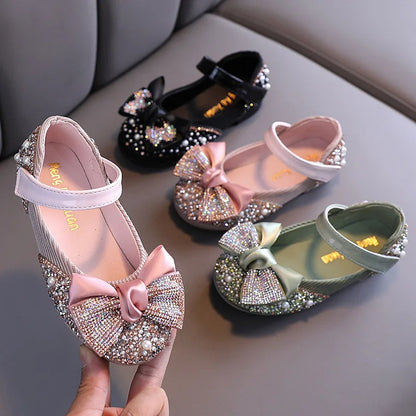 New Children Leather Shoes Rhinestone Bow Princess nt Flat