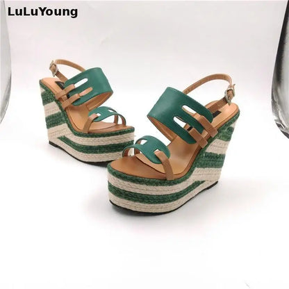 Women wedges 13.5cm high heels sandals striped Straw shoes Casual platform shoes open toe