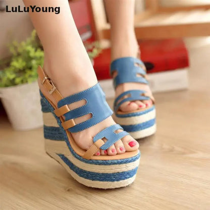 Women wedges 13.5cm high heels sandals striped Straw shoes Casual platform shoes open toe