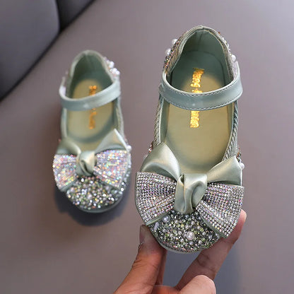 New Children Leather Shoes Rhinestone Bow Princess nt Flat