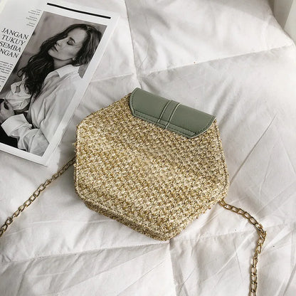 Hexagon Mulit Style Straw+leather Handbag WomeN