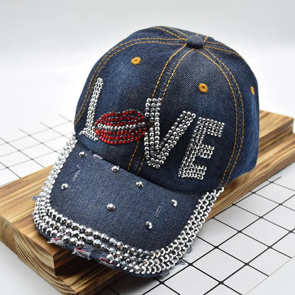 Mouth LOVE Rhinestone Denim Baseball CapHats For Men Women