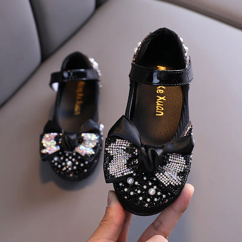 New Children Leather Shoes Rhinestone Bow Princess nt Flat