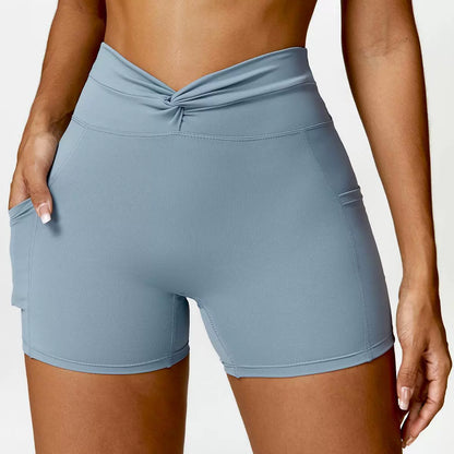 Fashion Pocket Nude Feel Tight Yoga Shorts Casual