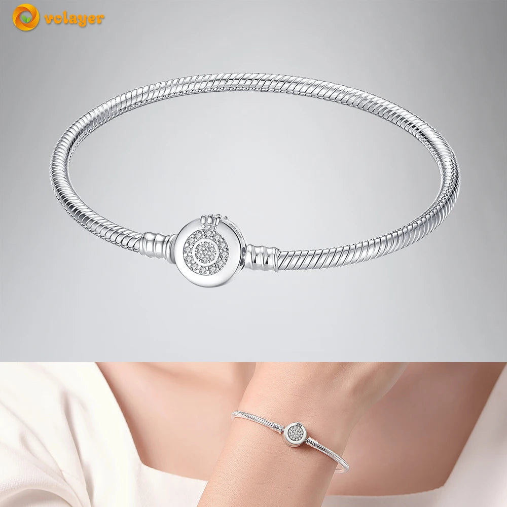 Volayer 925 Sterling Silver Bracelets Pavé Heart Shell Feathers Dreamcatcher Crown Clasp Snake Chain Bracelets Love Wing Bangles
