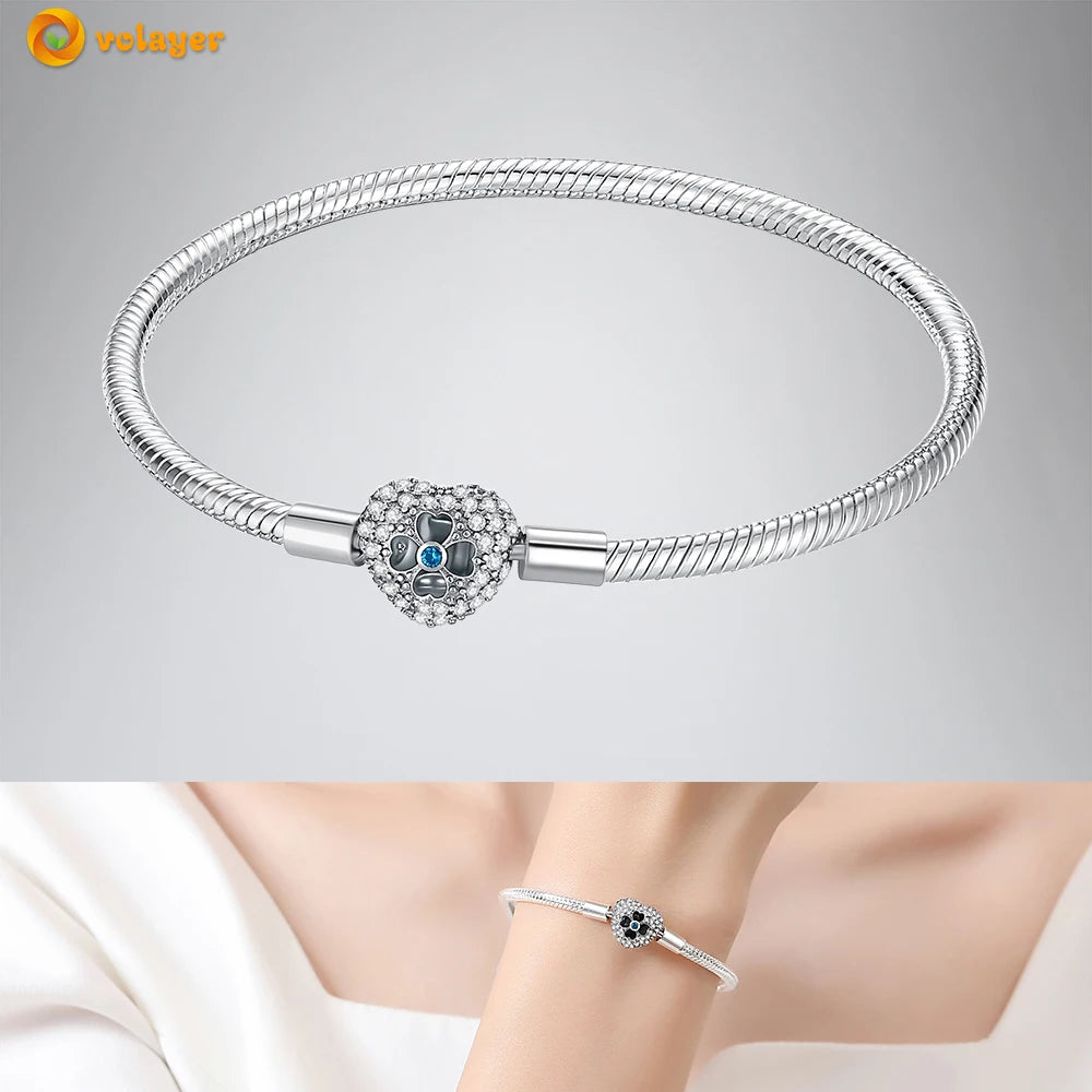 Volayer 925 Sterling Silver Bracelets Pavé Heart Shell Feathers Dreamcatcher Crown Clasp Snake Chain Bracelets Love Wing Bangles