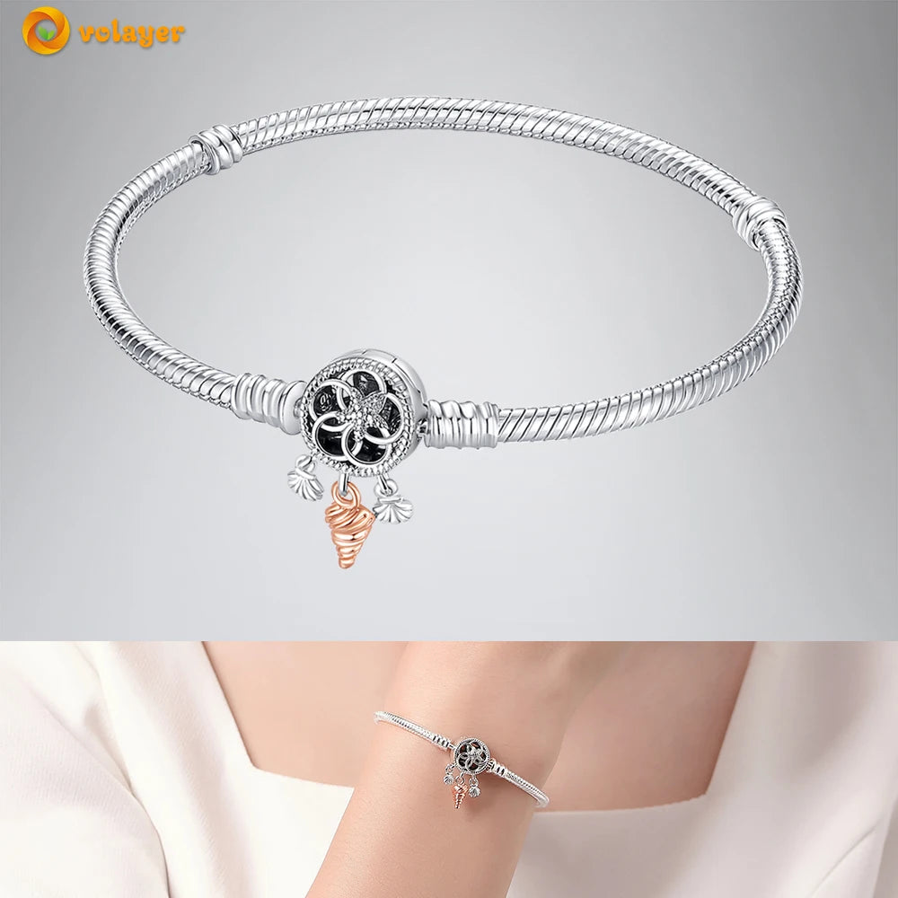 Volayer 925 Sterling Silver Bracelets Pavé Heart Shell Feathers Dreamcatcher Crown Clasp Snake Chain Bracelets Love Wing Bangles